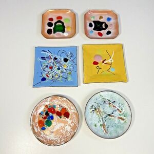 Set Of 6 Vintage Hand made Miniature Copper Enamel dollHouse Plates 2.75''